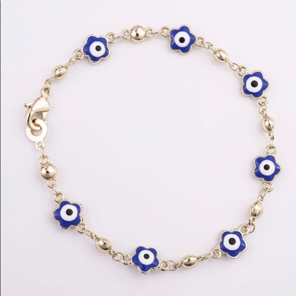 Gold Plated Over Alloy Blue Flower Evil Eye Protection Bracelet